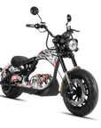 A custom chopper-style electric motorcycle with a black frame, black seat, and a white, black, and red graphic pattern on the fuel tank and side panel. It features a round headlight, black mirrors, and a black tire with a brown sidewall, photographed on a clean white background.