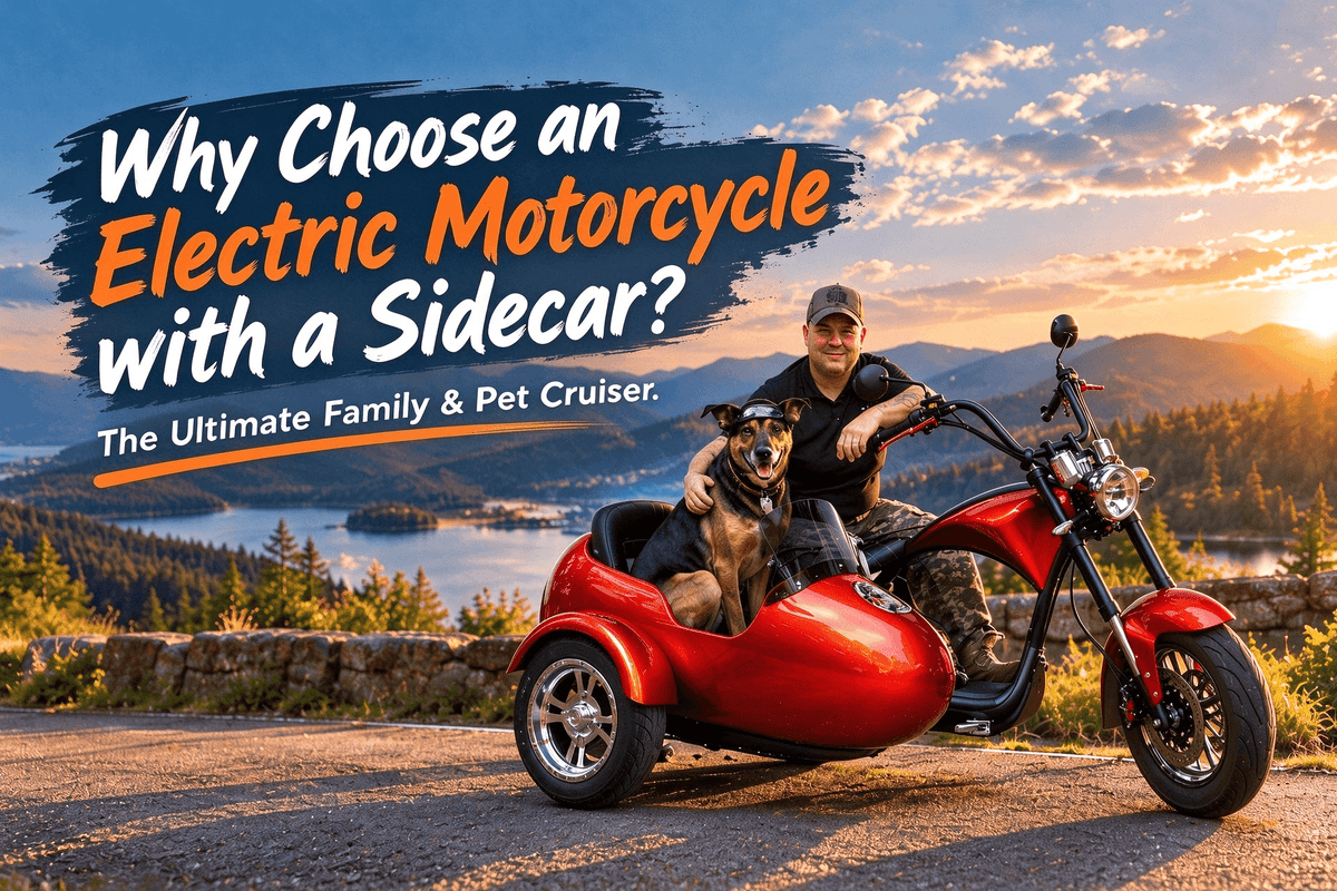 `Red electric sidecar motorcycle, man and happy dog riding on scenic mountain road at sunset`