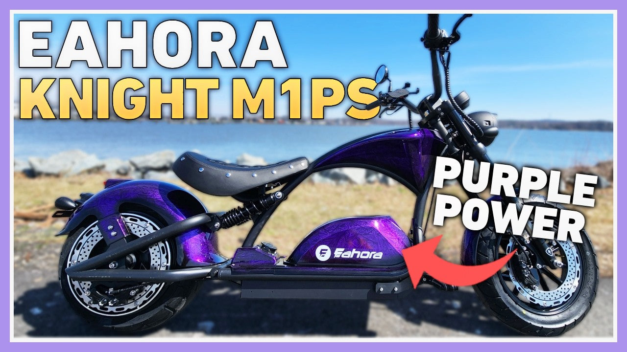 Eahora Knight M1PS Midnight purple chopper electric scooter with purple paint, outdoor lakeside product shot