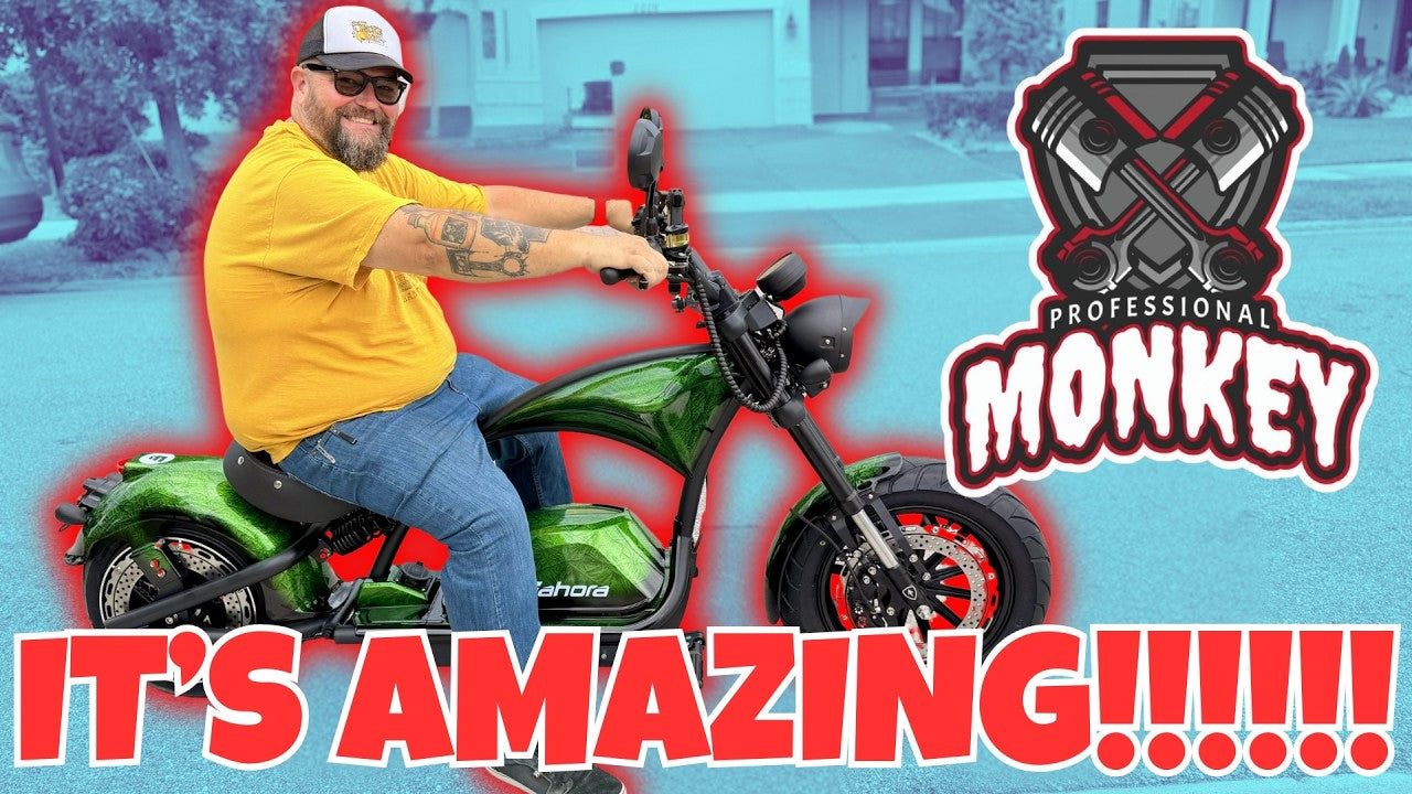 Influencer Professional Monkey riding green Eahora chopper electric scooter real review
