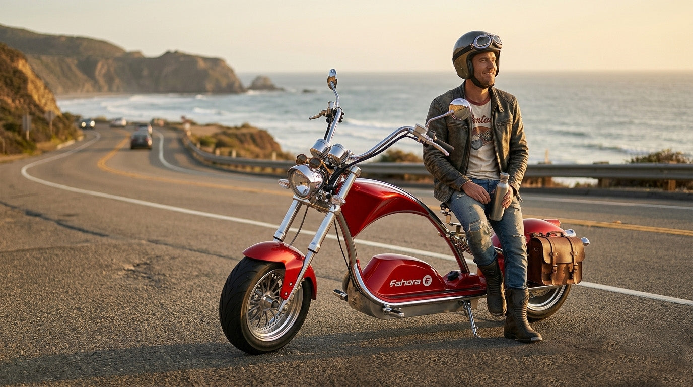 Man wearing vintage helmet sits on red Eahora M1PS chopper electric motorcycle along coastal highway with ocean view