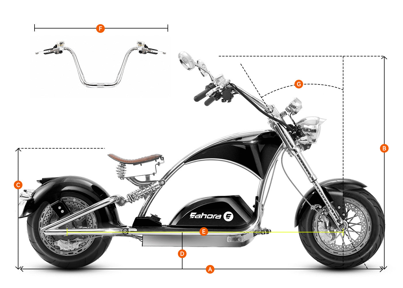 Size and specifications chart for the Eahora Chrome M1PS chopper electric motorcycle, with all critical measurements marked.