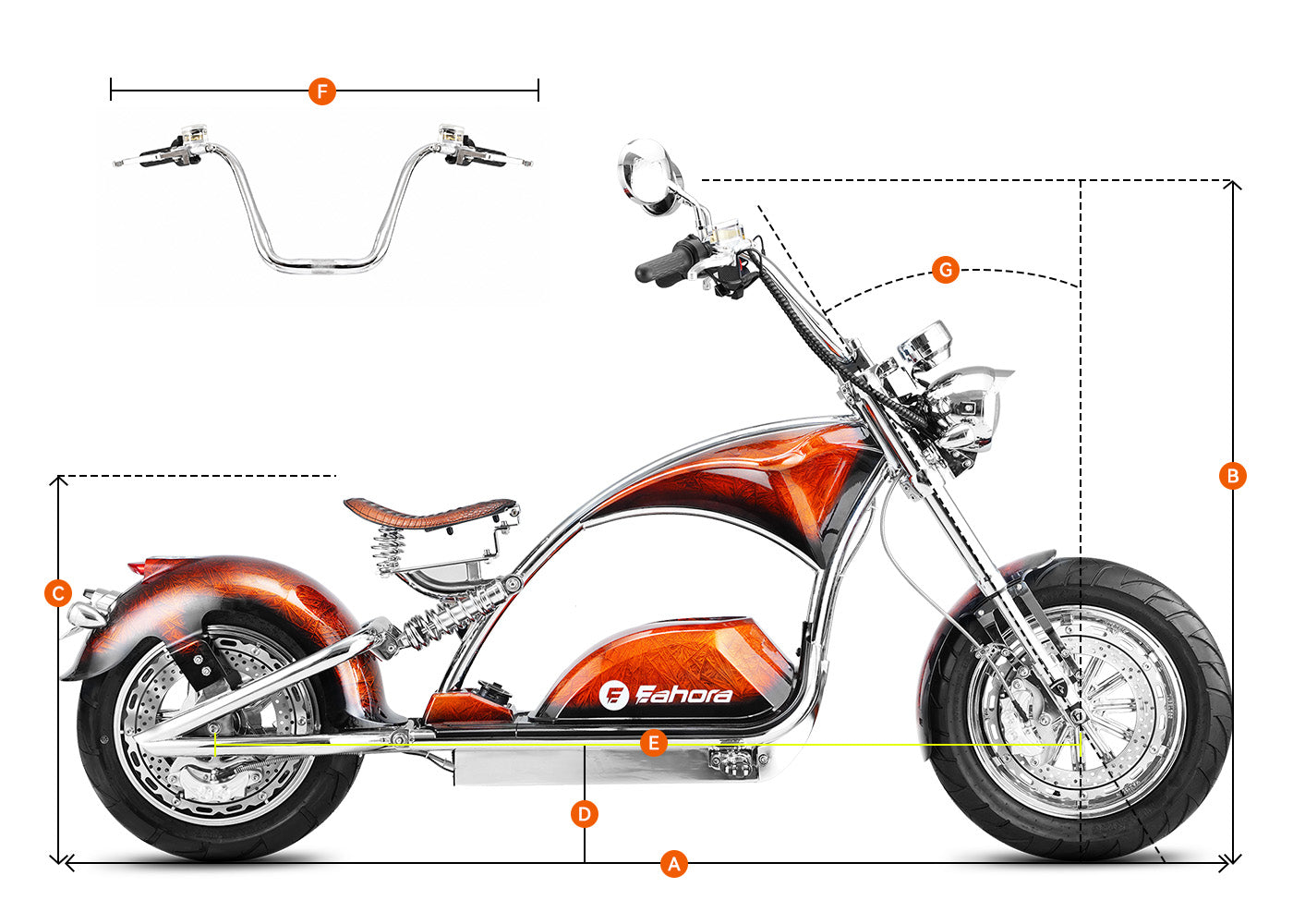 Diagram illustrating the full size of the Eahora Chrome M1PS-Burnt__Orange chopper electric motorcycle, from handlebar to rear fender.