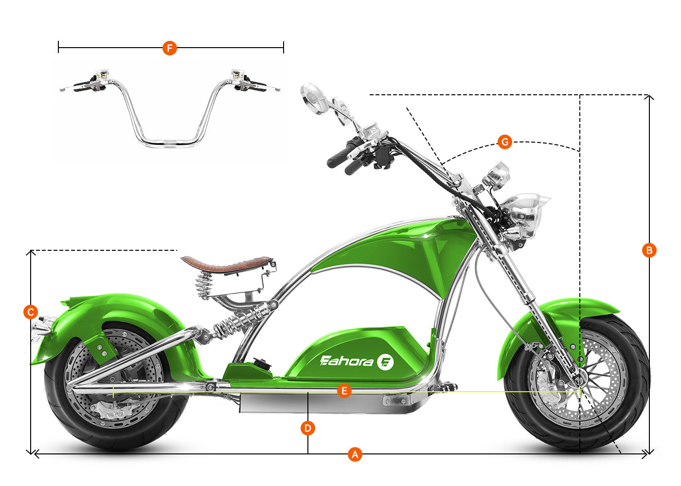 Detailed infographic of the Eahora chopper electric motorcycle, highlighting its overall dimensions for fit reference.