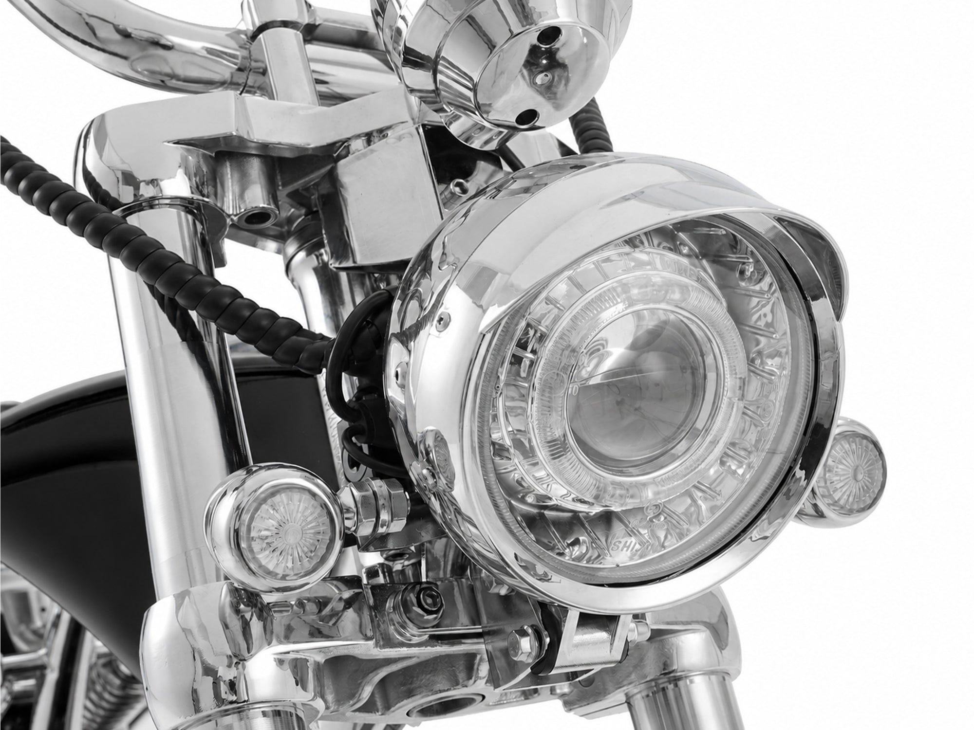 Classic LED headlight with chrome housing, designed for a chopper electric motorcycle