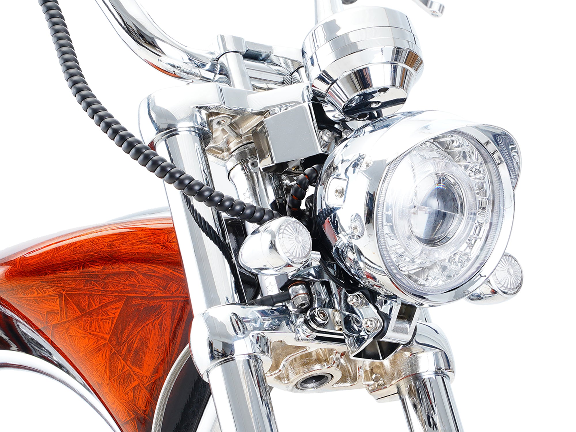 Polished chrome round LED headlight detail on an Eahora chopper electric motorcycle