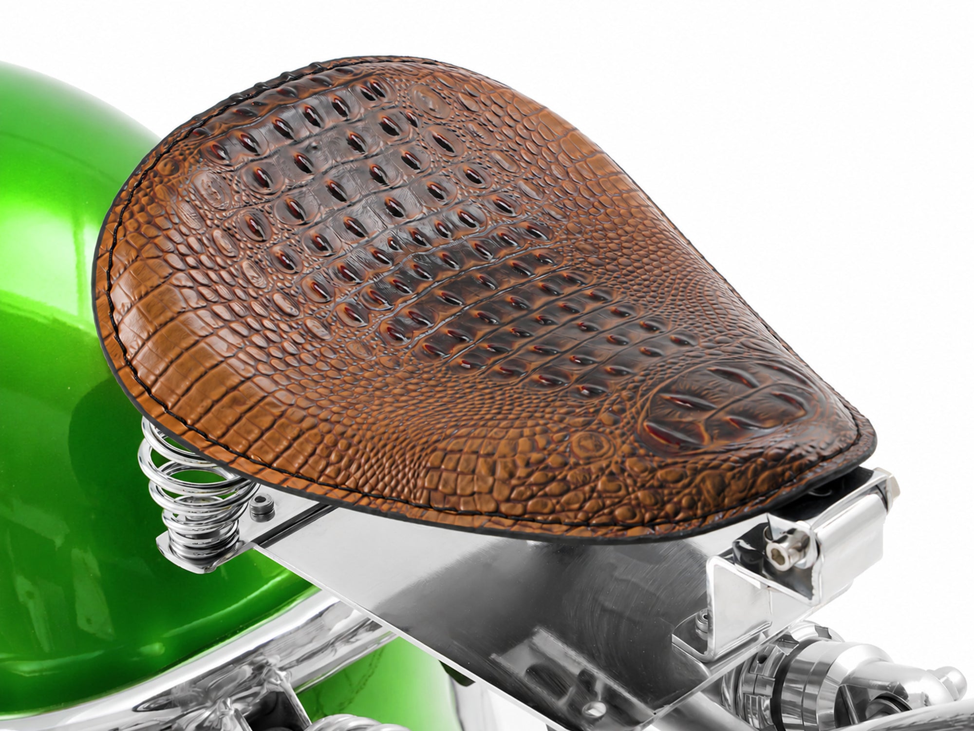 Retro-style leather saddle with spring suspension, featured on a chopper electric motorcycle