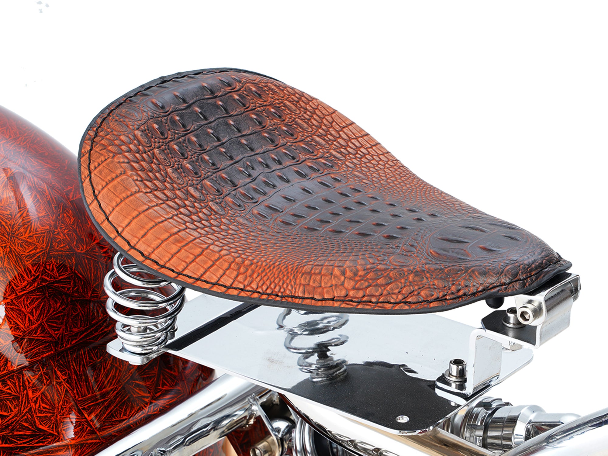 Brown crocodile-texture leather seat with springs, on an Eahora chopper electric motorcycle