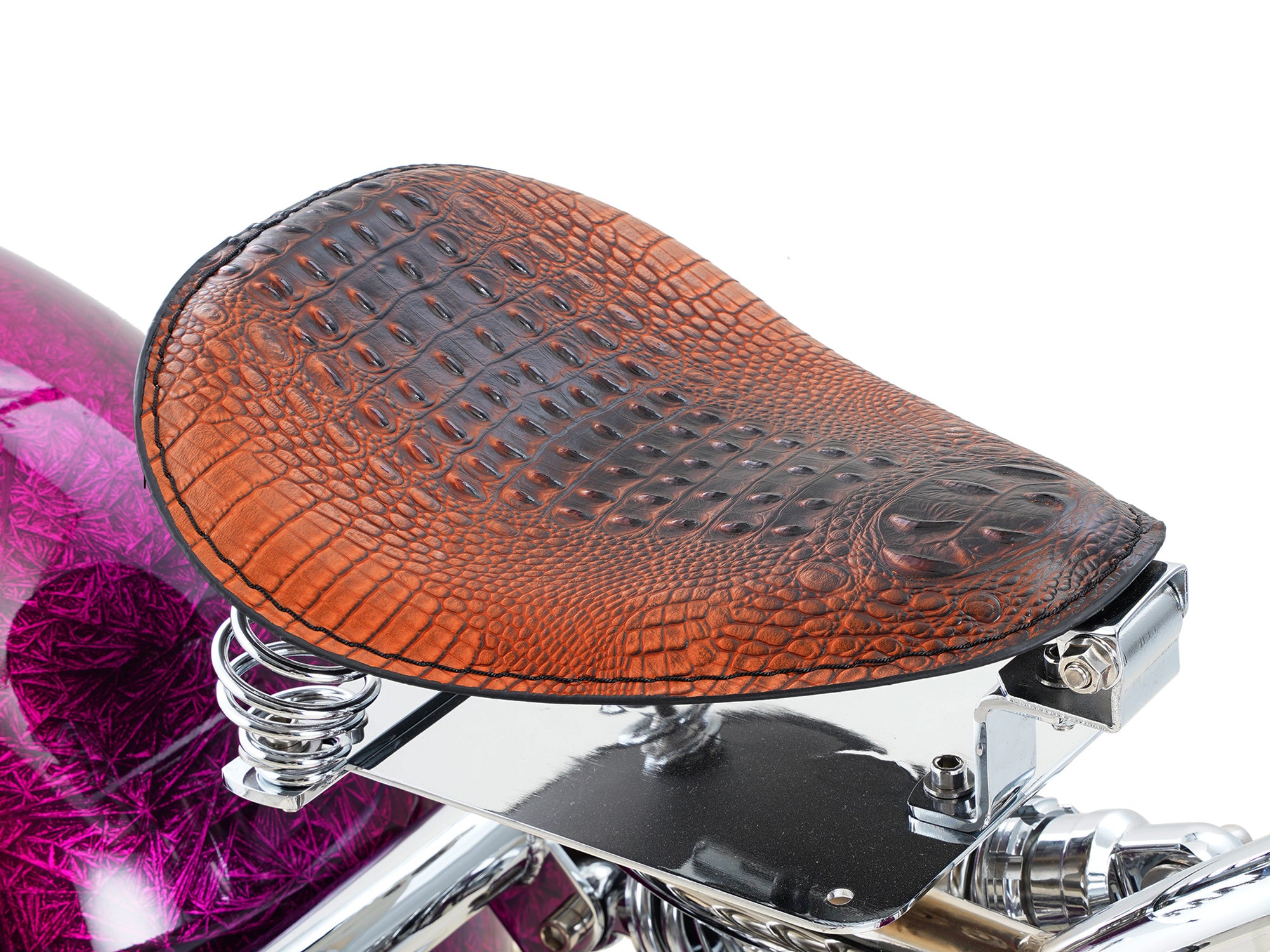 Vintage-style spring-loaded leather saddle close-up for a chopper electric motorcycle