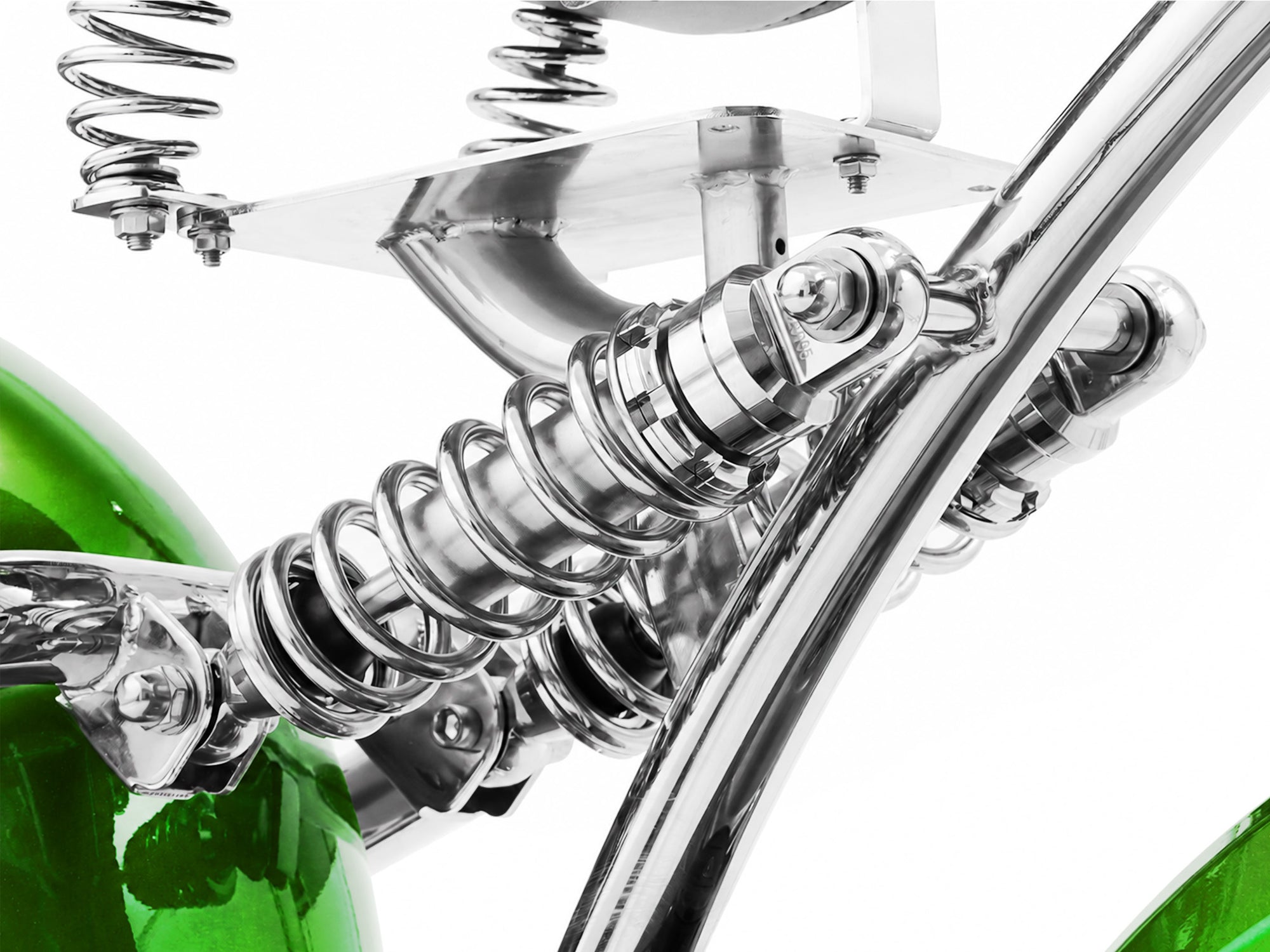 Vintage-style dual-spring suspension assembly, featured on a chopper electric motorcycle
