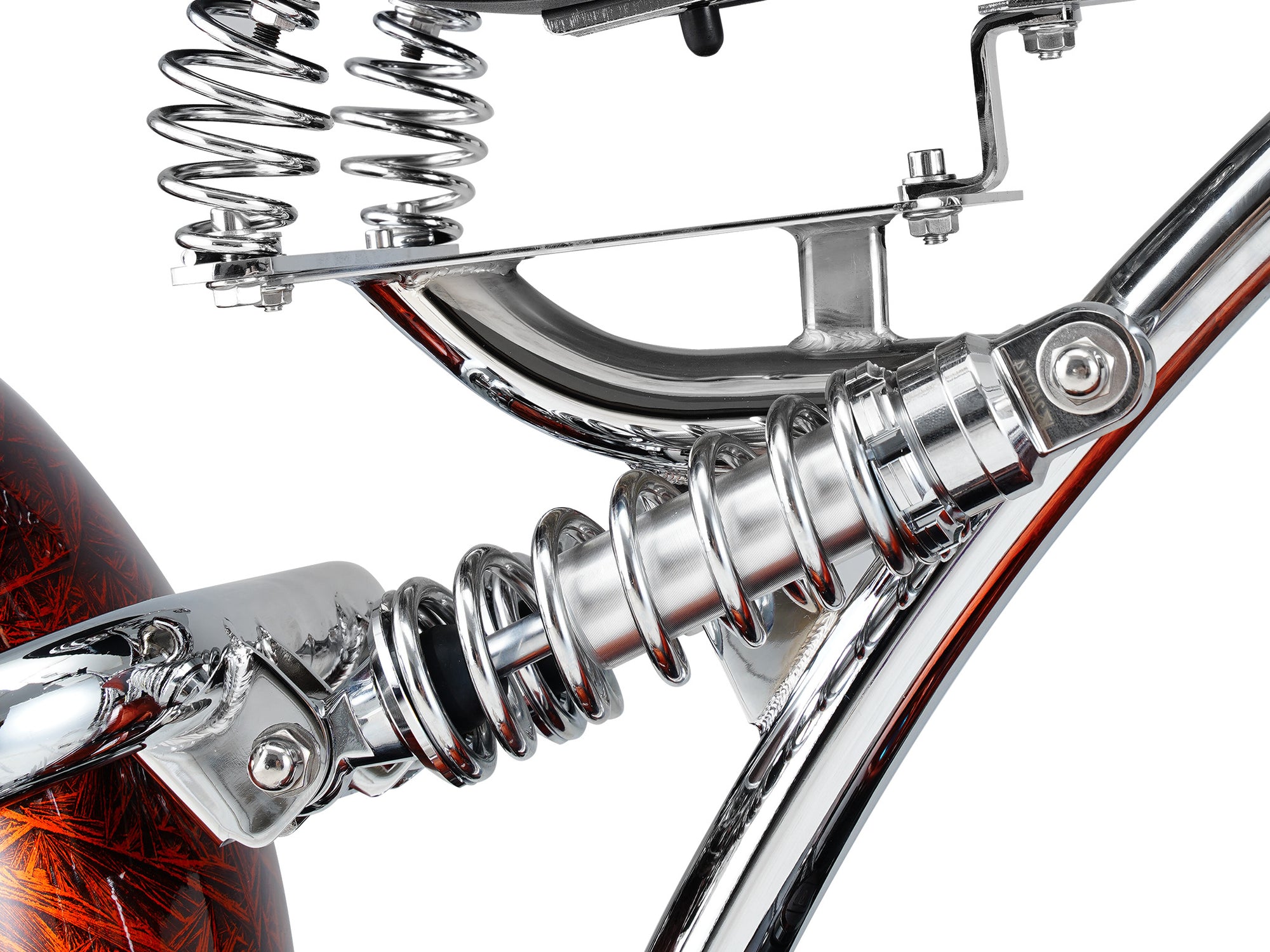 Dual-spring rear suspension system close-up on an Eahora chopper electric motorcycle