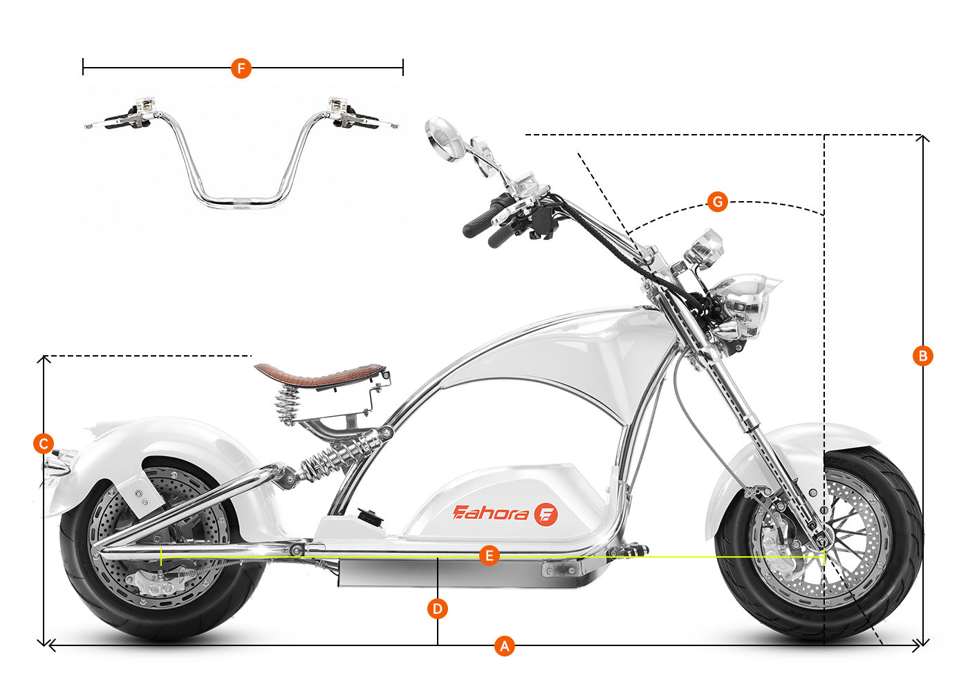 Technical diagram displaying the full measurements of the Eahora Chrome M1PS chopper electric motorcycle, including wheelbase and height.
