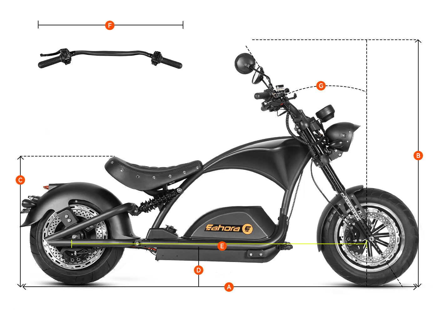 Official size diagram of the black Eahora Knight M1PS 4000W electric chopper scooter, showing key measurements