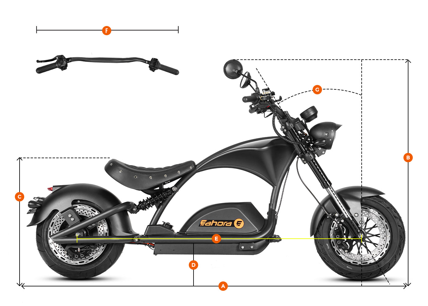 Official size diagram of the black Eahora Knight M1PS 4000W electric chopper scooter, showing key measurements