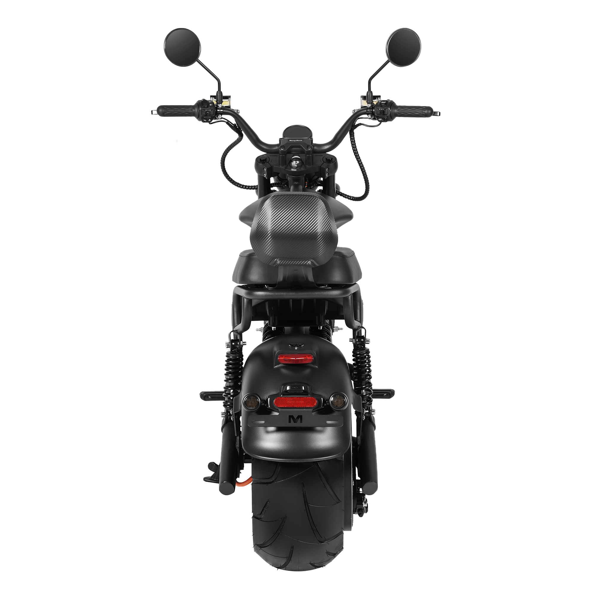 Back front view of Eahora M1PS + Rear Seat - Black 4000W chopper-style electric scooter