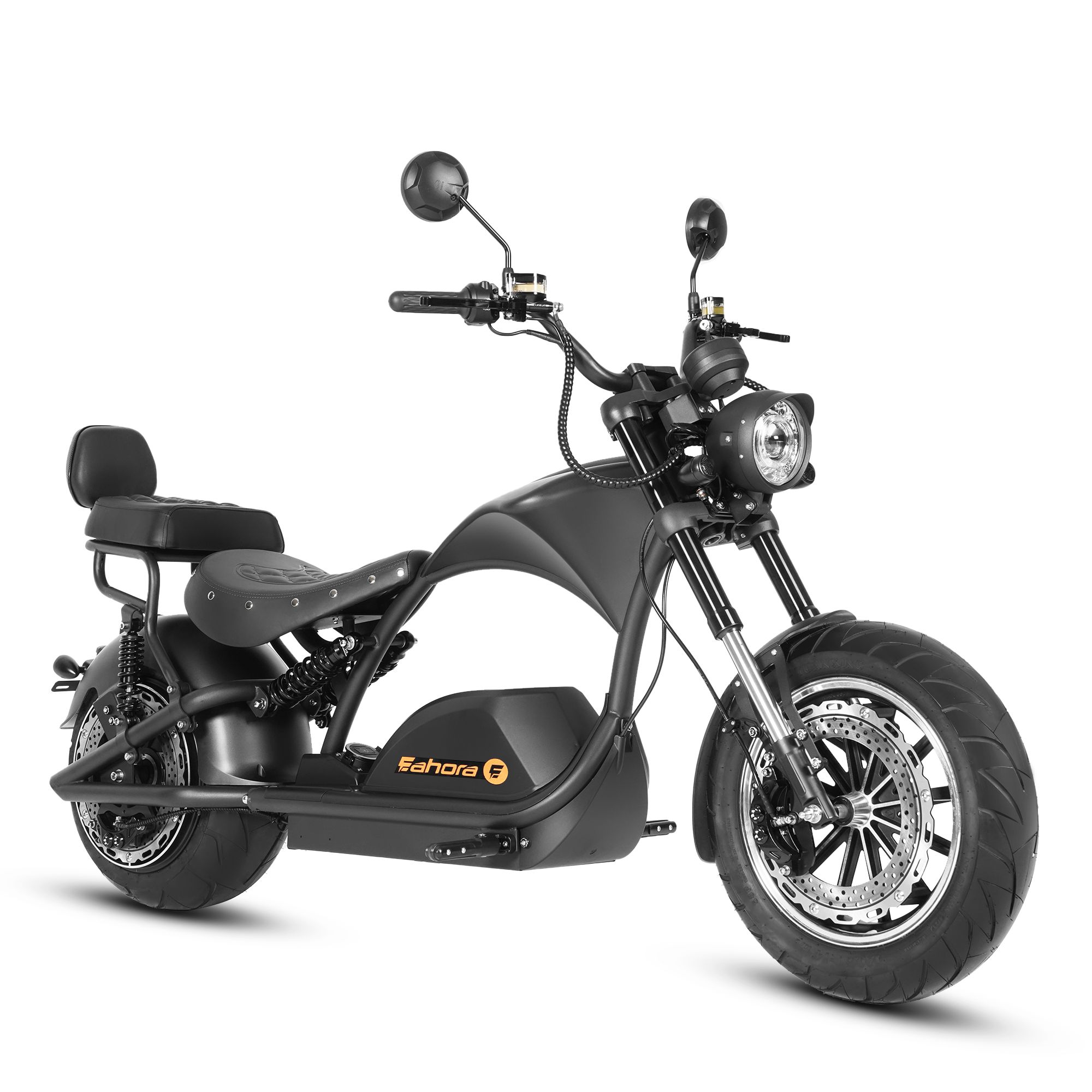 Left angled view of Eahora M1PS + Rear Seat - Black 4000W retro electric chopper