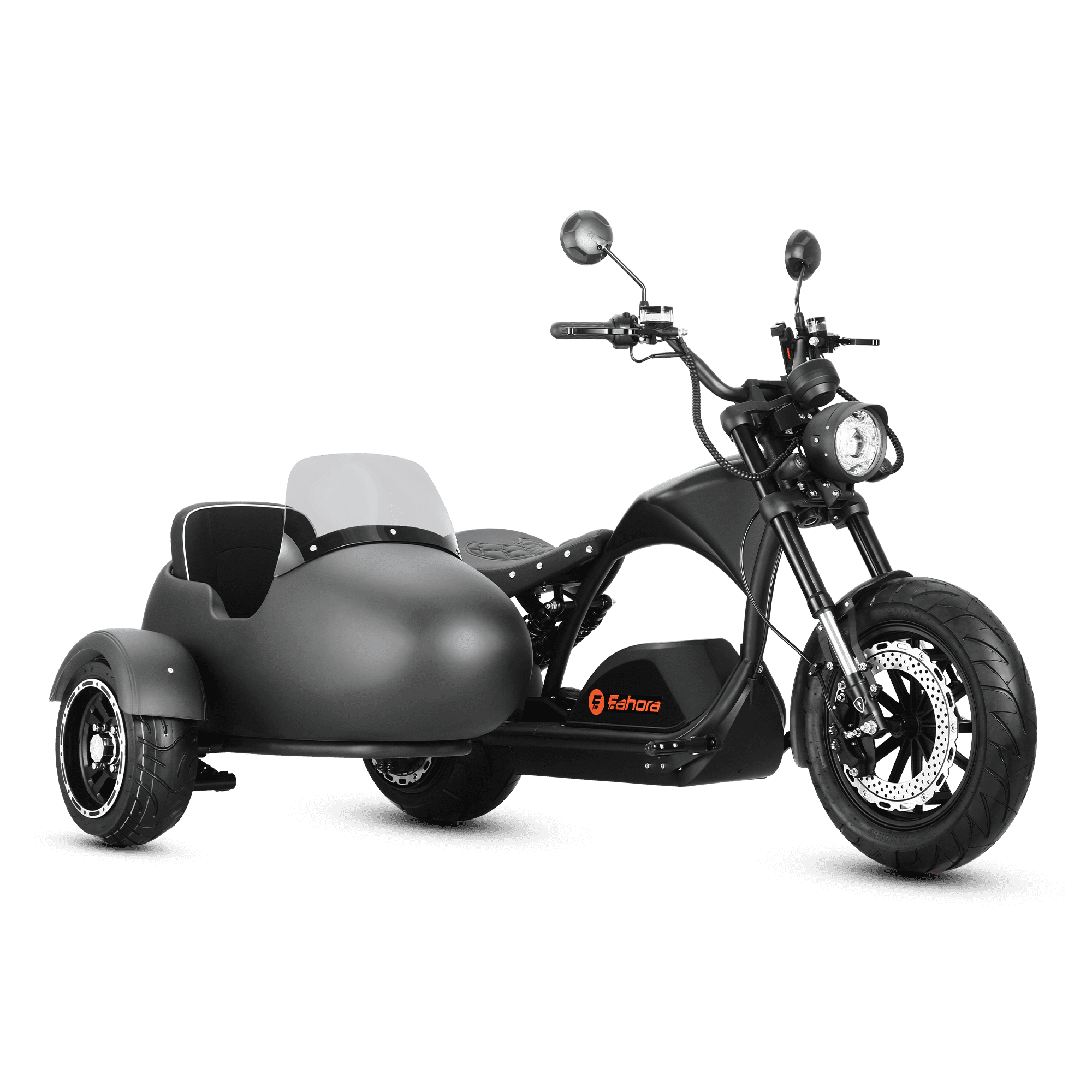 Left angled view of Eahora 4000W M1PS + Sidecar - Black retro electric chopper

