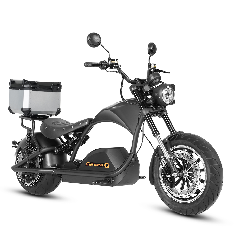 Left angled view of Eahora 4000W M1PS + Sidecar +Tailbox - Black retro electric chopper