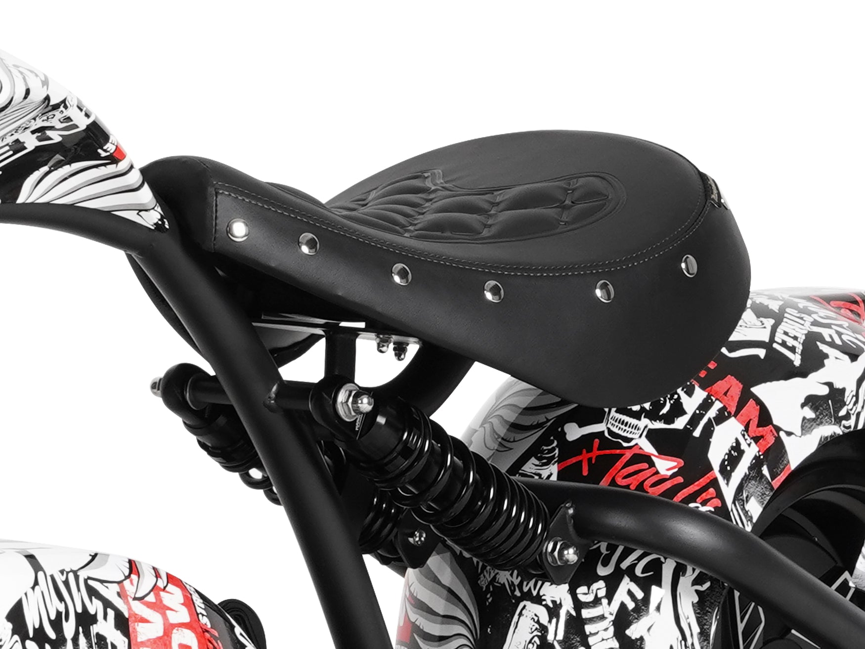 Close-up of a black leather motorcycle saddle with silver studs, mounted on a black metal frame with a graphic black, white, and red motorcycle bodywork against a white background.