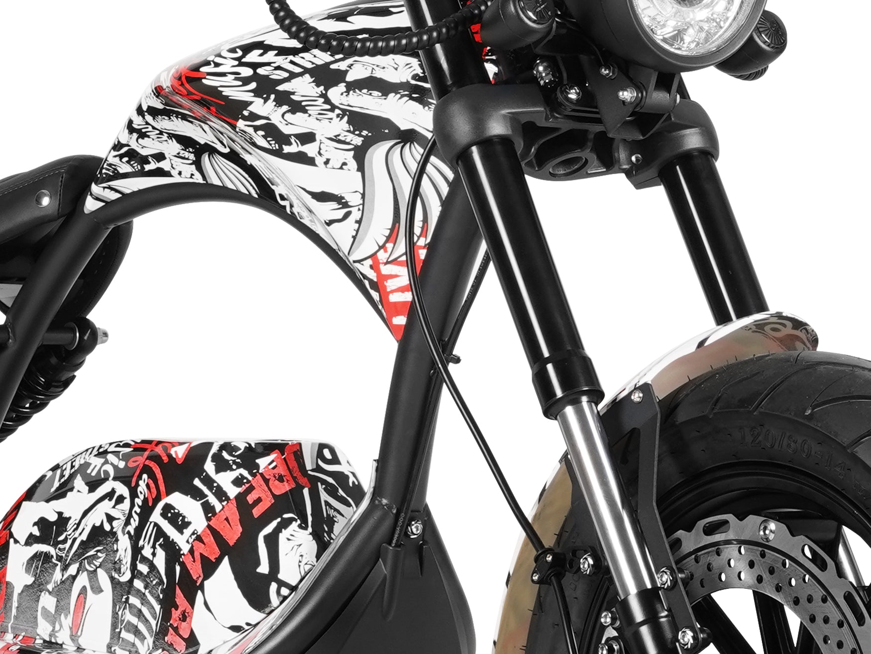 Close-up of the front fork and disc brake on a graffiti chopper-style electric motorcycle
