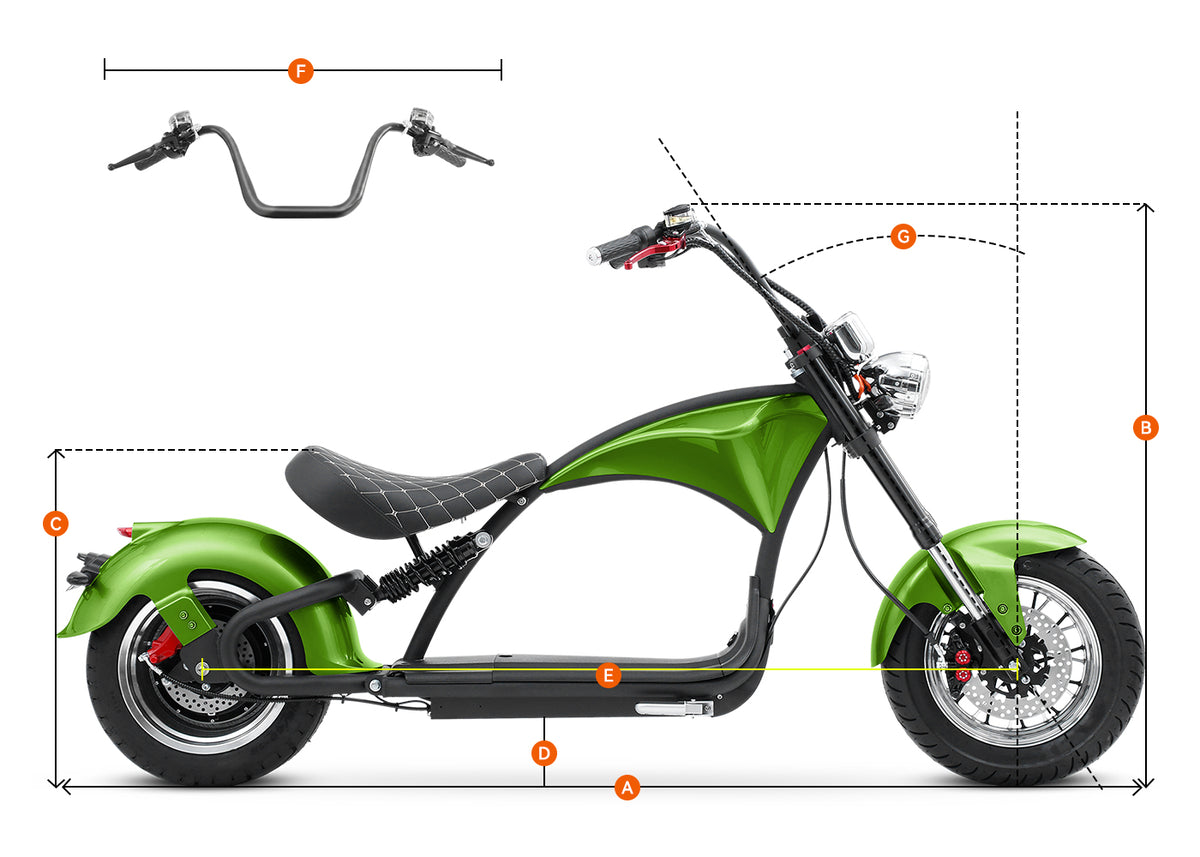 Eahora Emars M1P Apple Green electric motorcycle dimension diagram with labeled size markers A‑F showing vehicle measurements