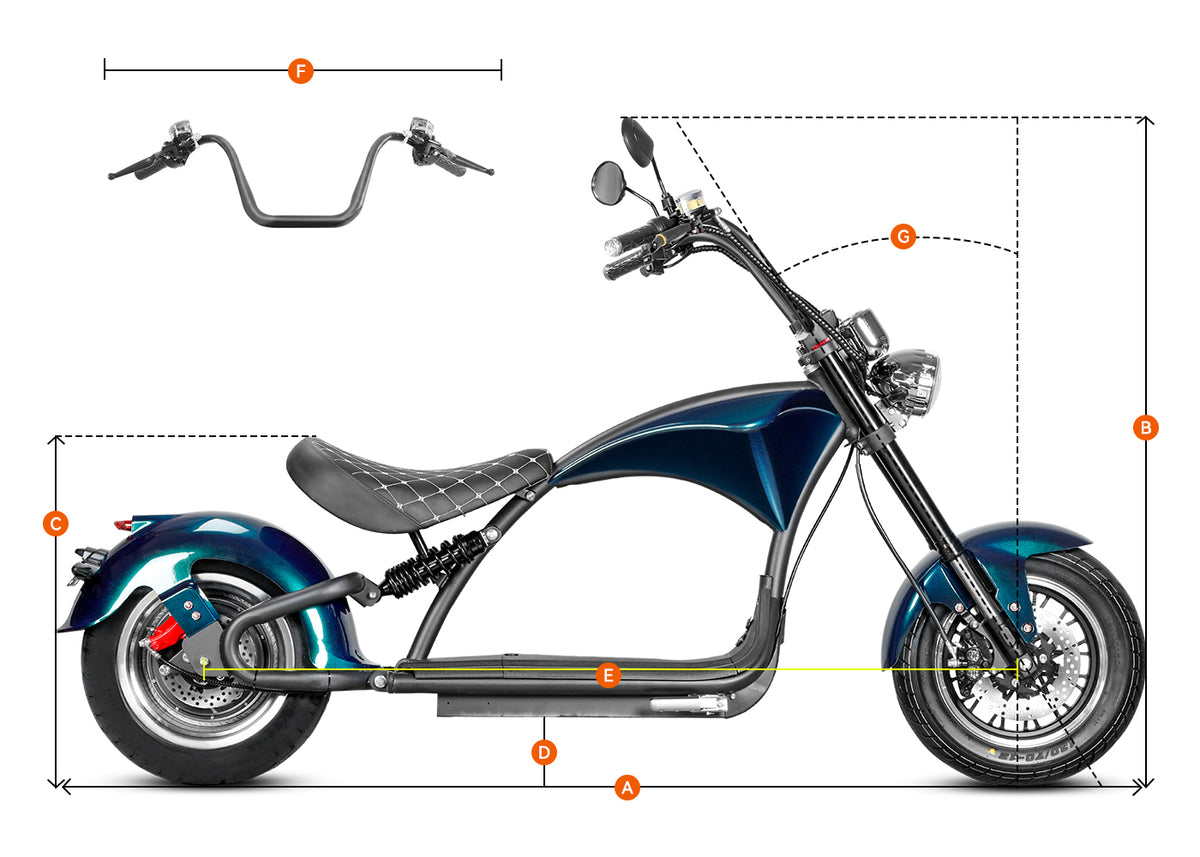 Eahora Emars M1P Aquamarine electric motorcycle dimension diagram with labeled size markers A‑F showing vehicle measurements