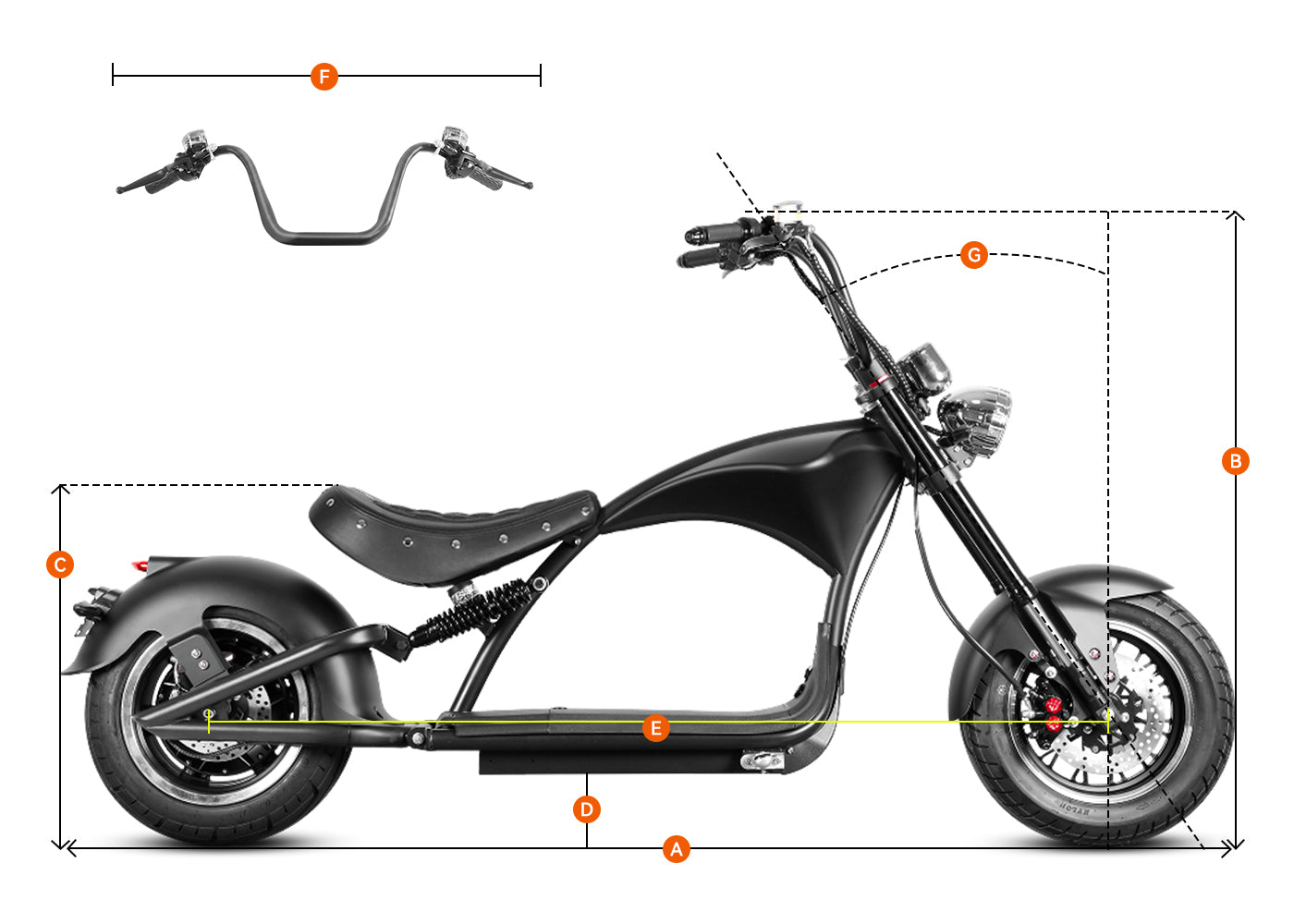 Eahora Emars M1P Black electric motorcycle dimension diagram with labeled size markers A‑F showing vehicle measurements