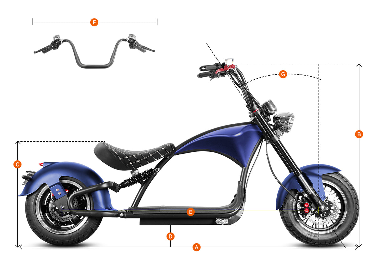 Eahora Emars M1P Blueberries Blue electric motorcycle dimension diagram with labeled size markers A‑F showing vehicle measurements