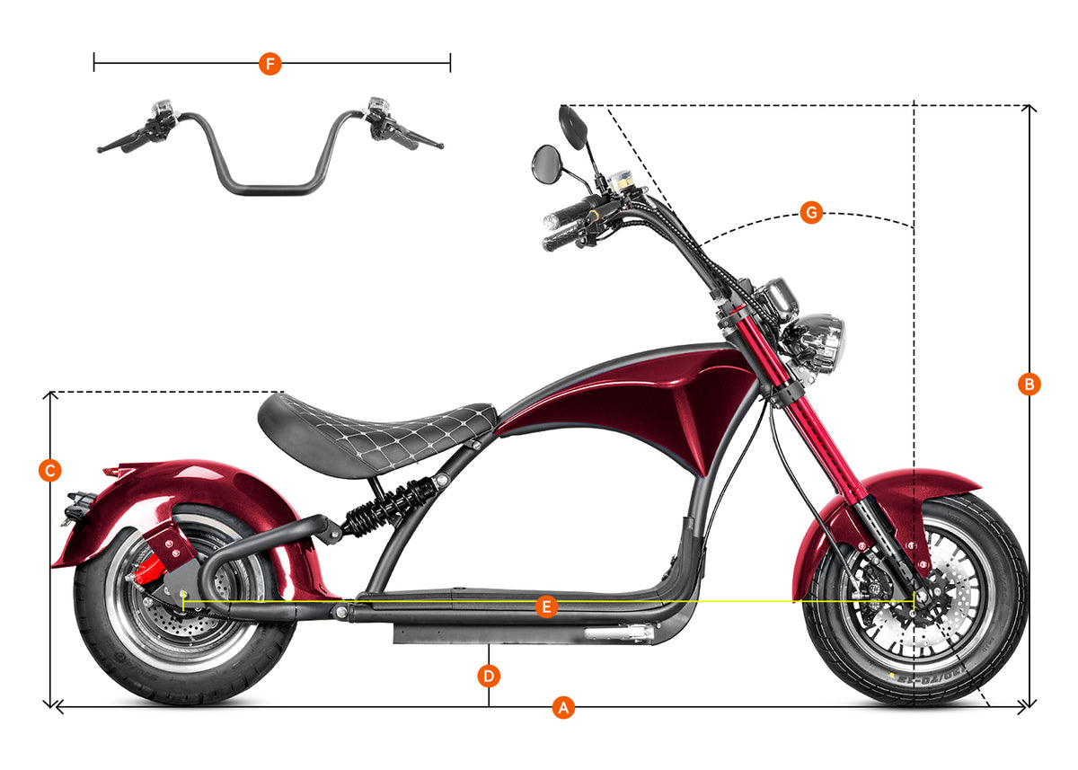 Eahora Emars M1P Garnet electric motorcycle dimension diagram with labeled size markers A‑F showing vehicle measurements