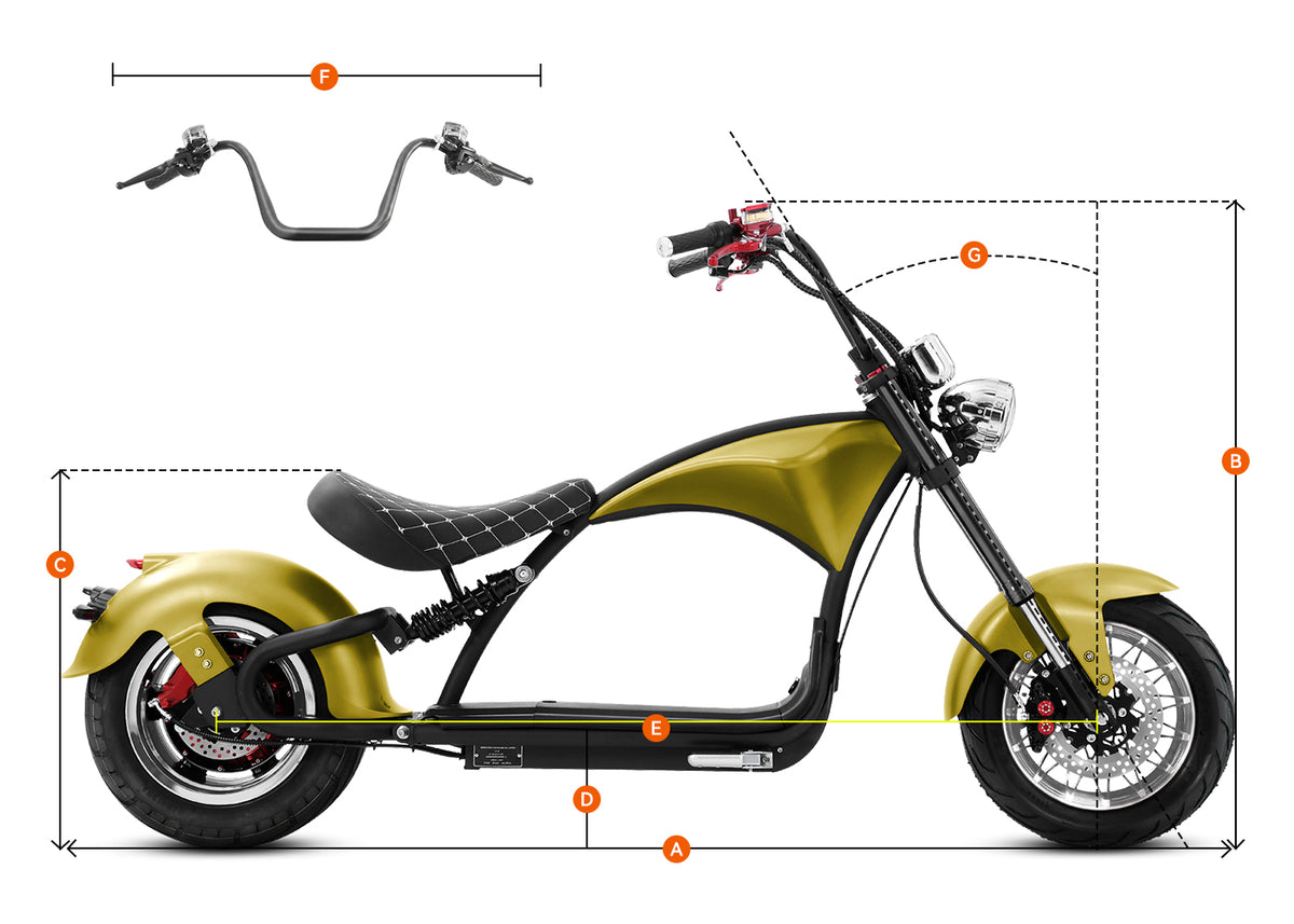 Eahora Emars M1P Old Gold electric motorcycle dimension diagram with labeled size markers A‑F showing vehicle measurements
