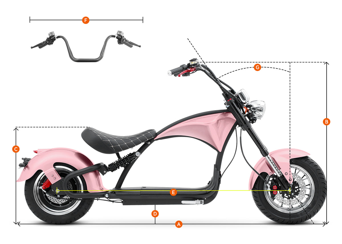 Eahora Emars M1P Pink electric motorcycle dimension diagram with labeled size markers A‑F showing vehicle measurements