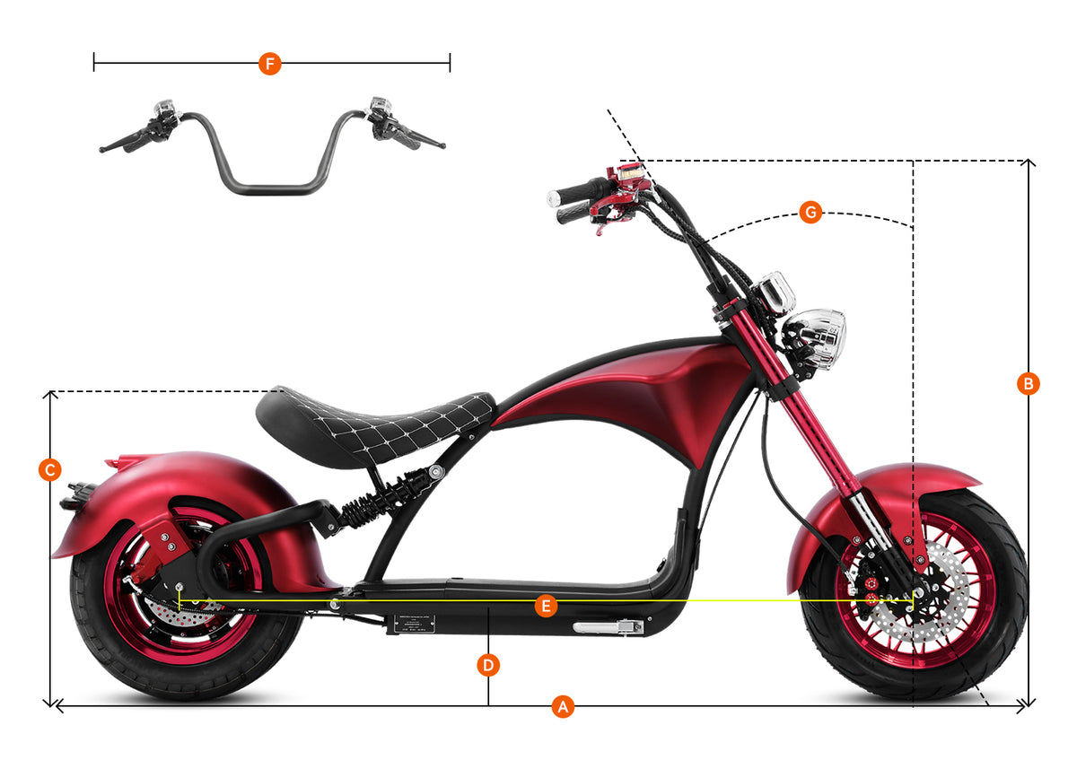 Eahora Emars M1P Red electric bike dimension diagram with labeled size markers A‑F showing vehicle measurements