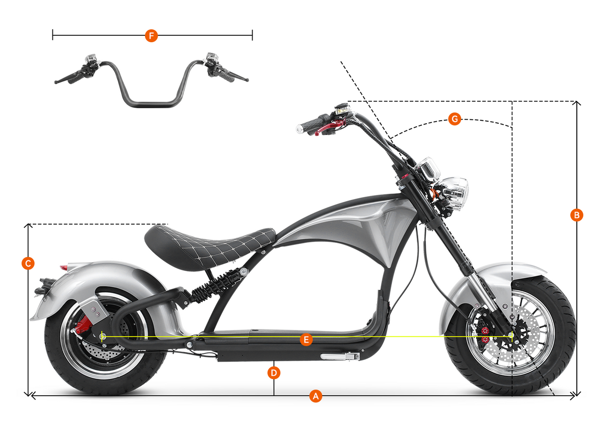 Eahora Emars M1P Space Silver electric motorcycle dimension diagram with labeled size markers A‑F showing vehicle measurements