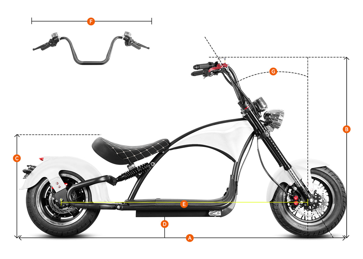 Eahora Emars M1P White electric motorcycle dimension diagram with labeled size markers A‑F showing vehicle measurements
