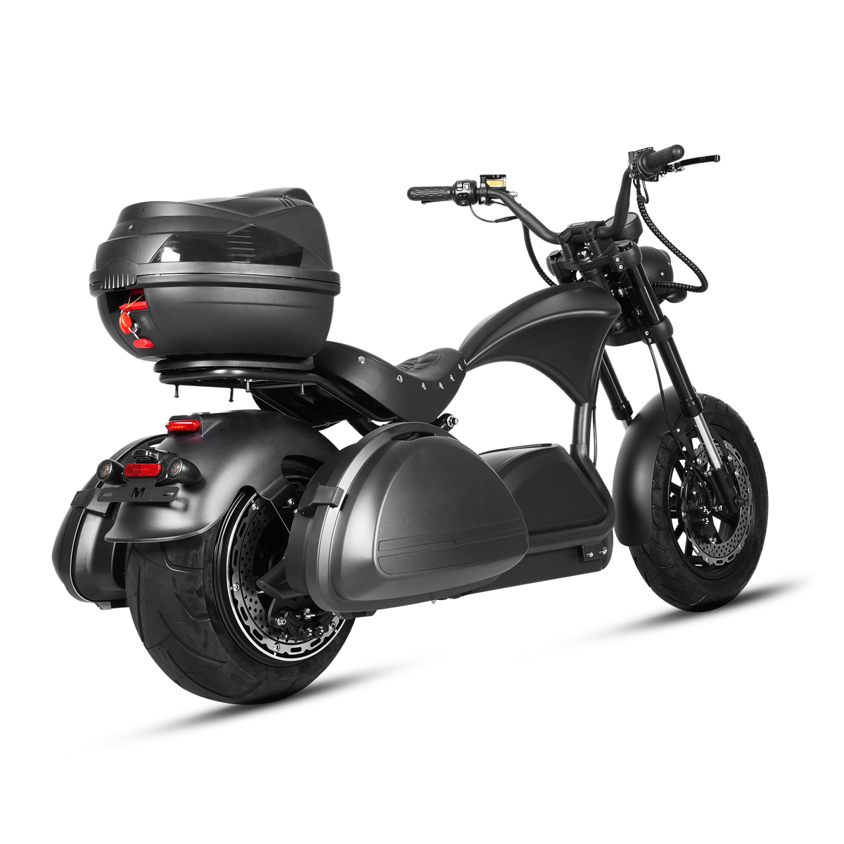 A matte black electric motorcycle with a large top case, rear storage compartment, and cruiser-style handlebars, shown from a three-quarters rear angle on a white background.