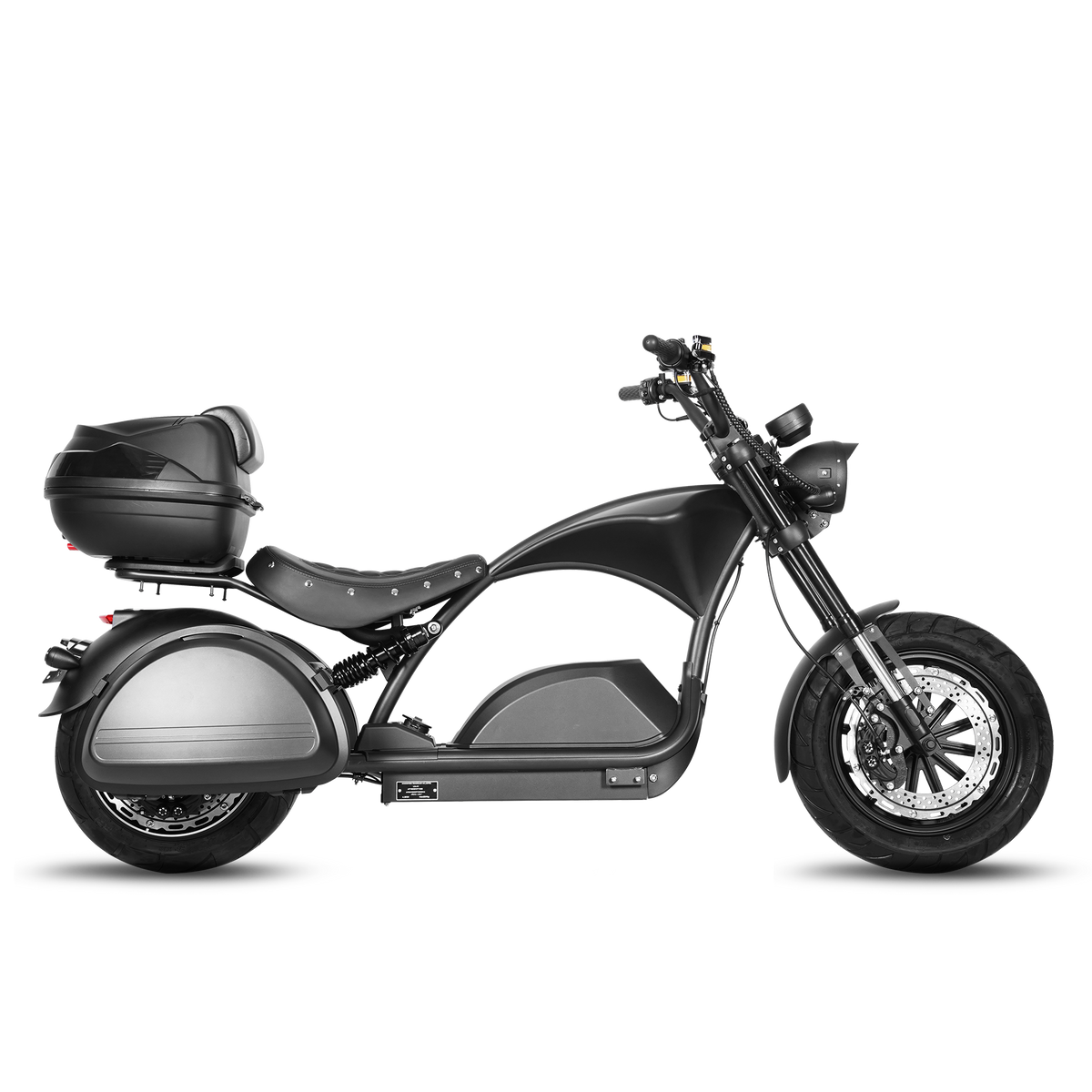A black and dark gray electric motorcycle with a large rear storage box, a low step-through frame, and a front headlight, shown in a side profile on a white background.