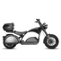 A black and dark gray electric motorcycle with a large rear storage box, a low step-through frame, and a front headlight, shown in a side profile on a white background.