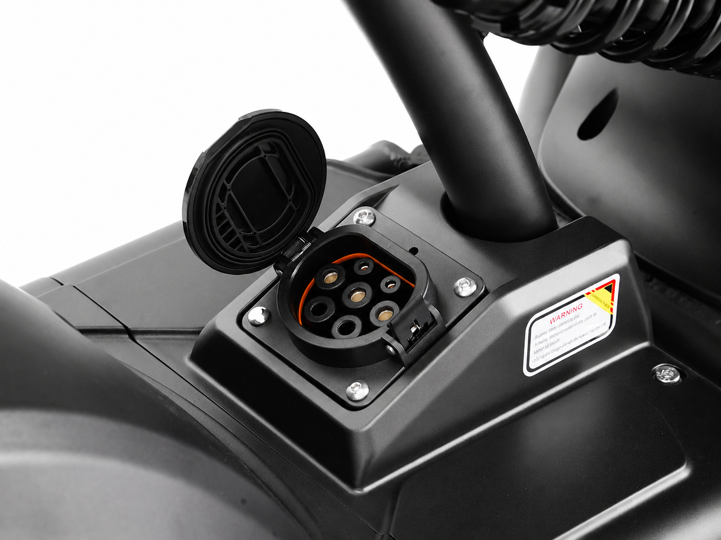 Close-up of the charging port the Ironbone Horse Eahora M1PS chopper