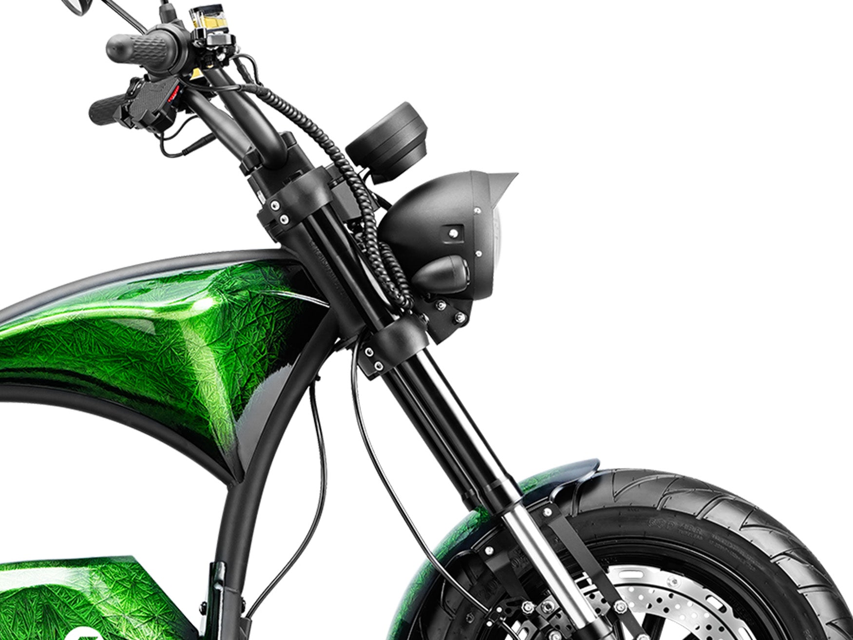Close-up of the black front fork suspension on the Outlaw Green Eahora M1PS chopper