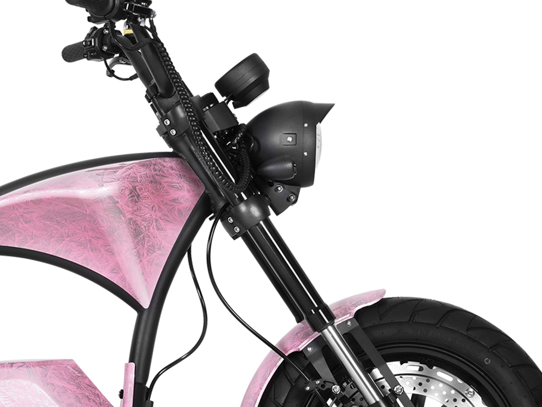 Close-up of the black front fork suspension on the Rebel Rose Eahora M1PS chopper