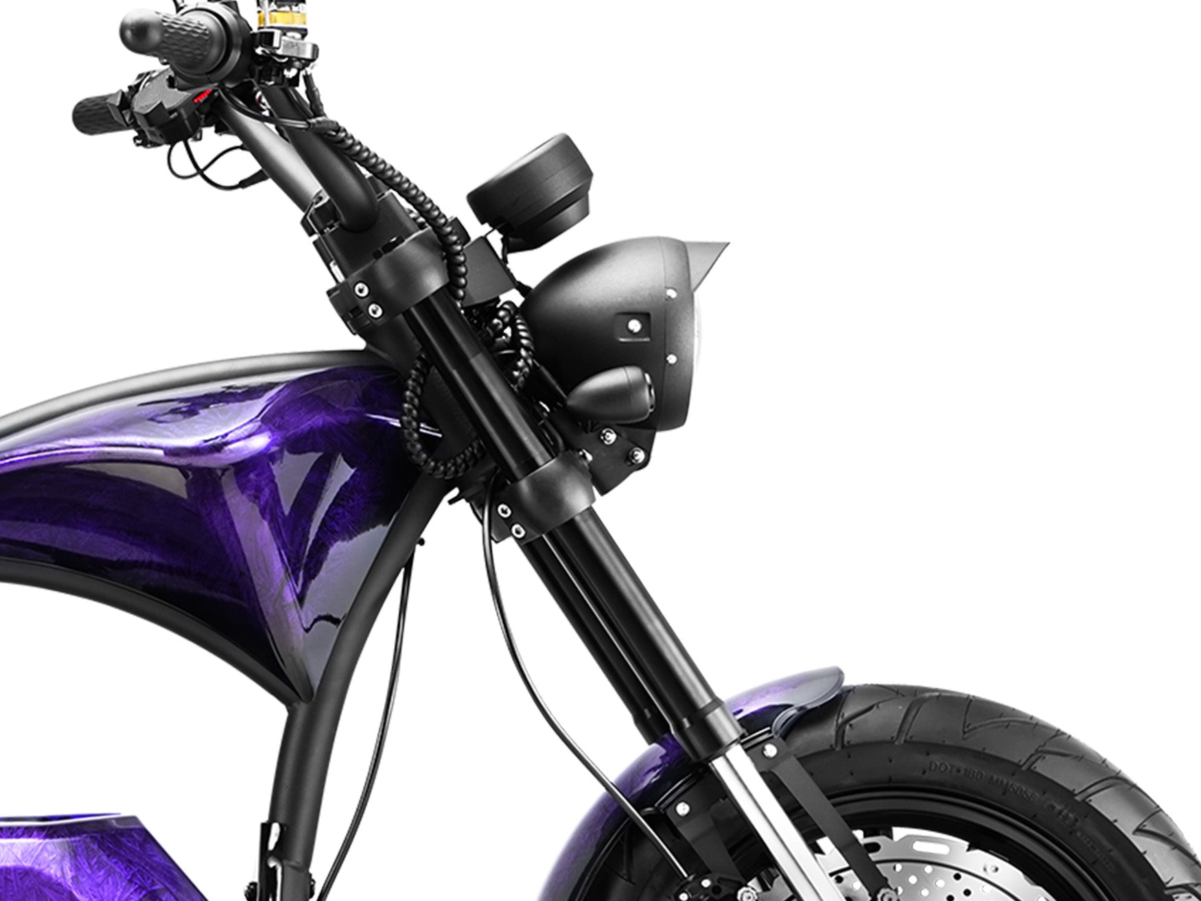 Side view of the front fork assembly on the Eahora M1PS Midnight Purple electric motorcycle