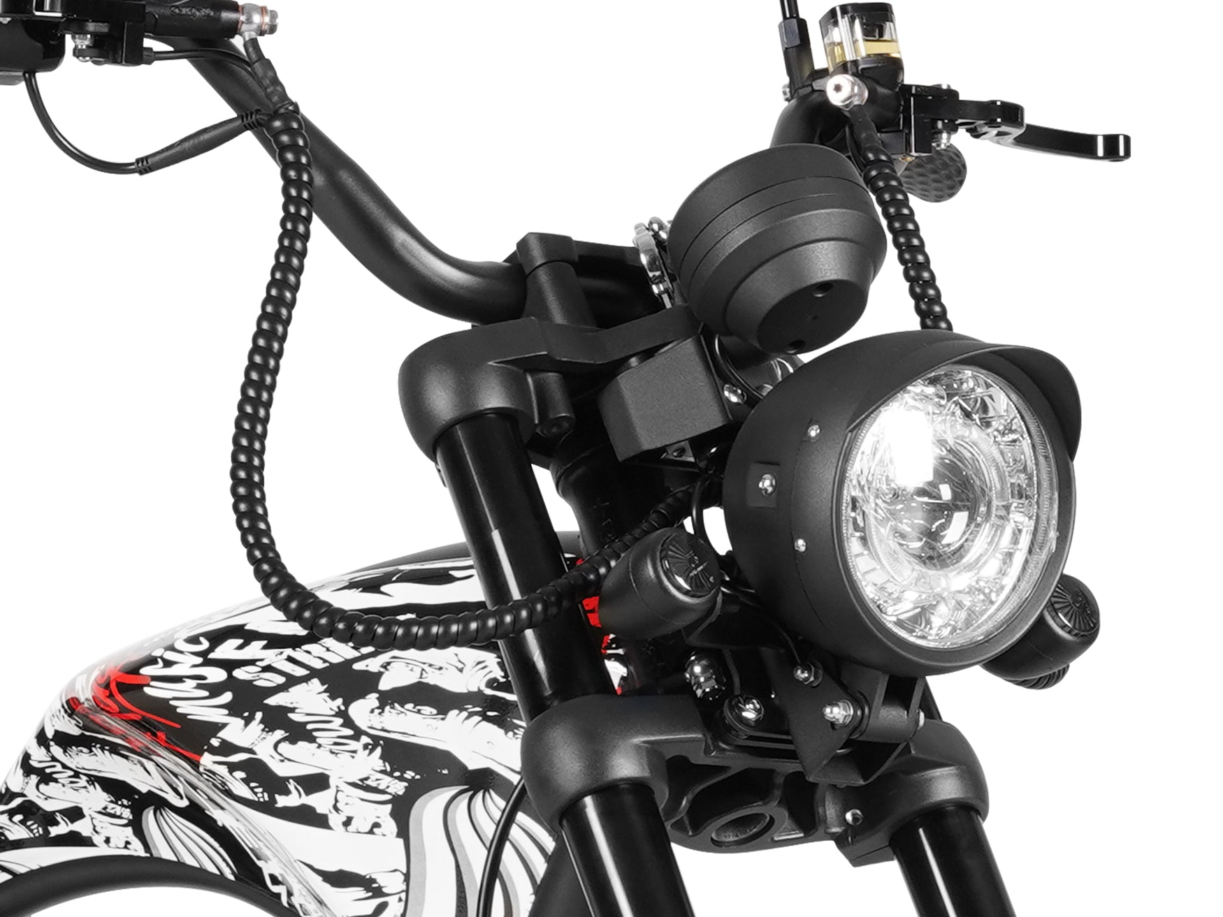 Close-up of the LED headlight and front turn signals on a graffiti chopper-style electric motorcycle