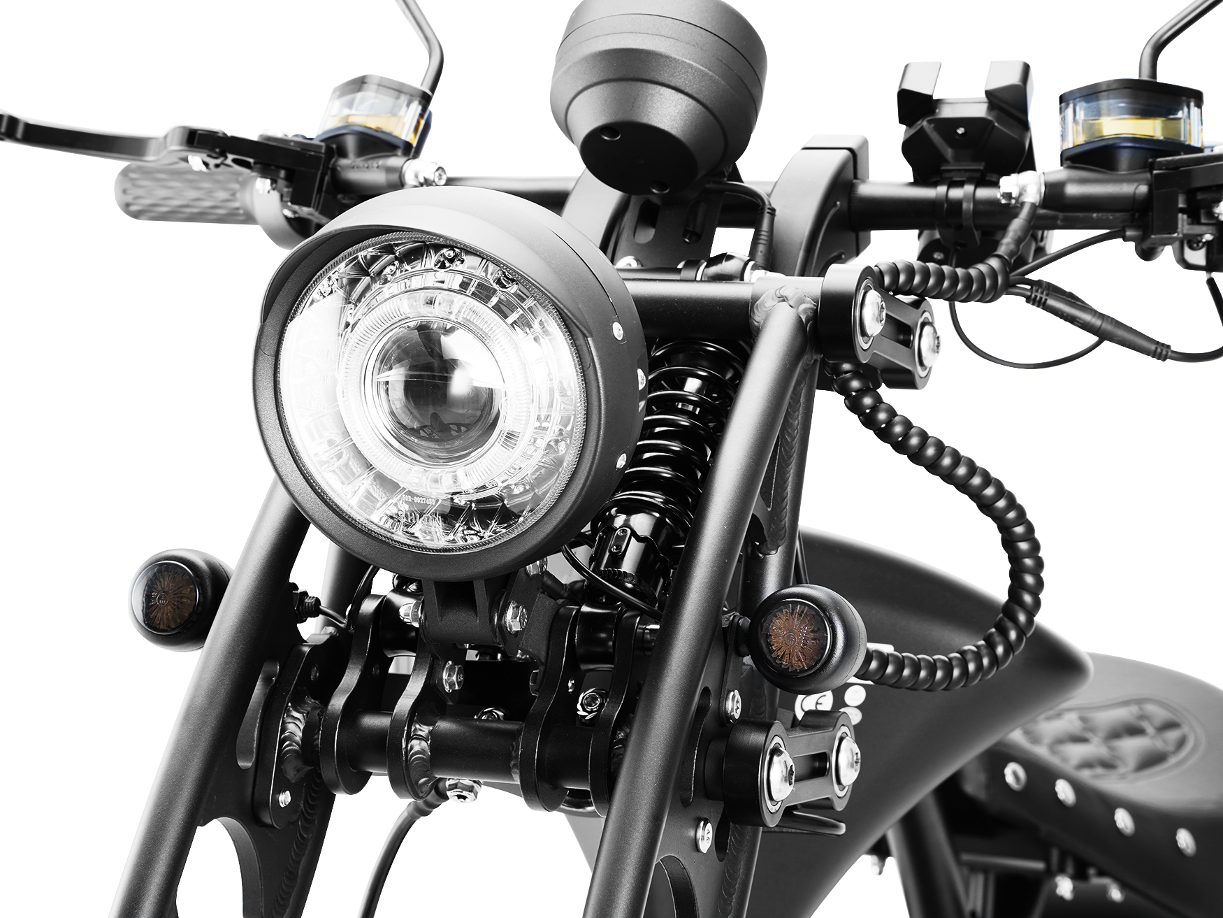 Detailed shot of the headlight system on the Eahora M1PS Ironbone Horse chopper