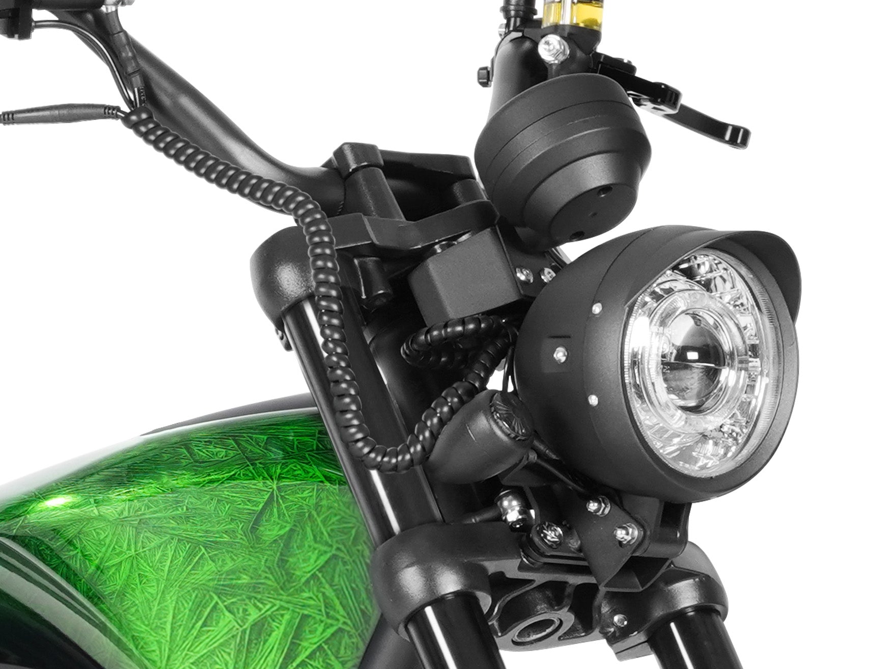 Front view of the round headlight and turn signals on the Eahora M1PS Outlaw Green electric motorcycle