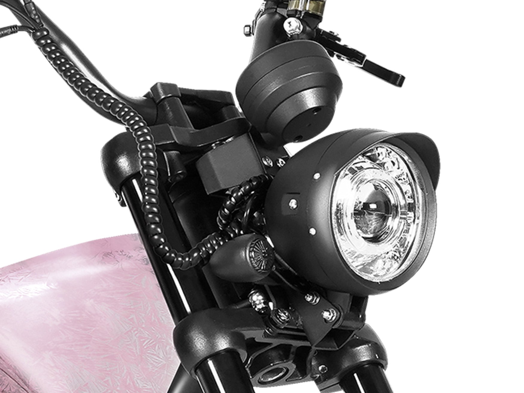 Detailed shot of the headlight system on the matte black Eahora M1PS chopper with Rebel Rose accents