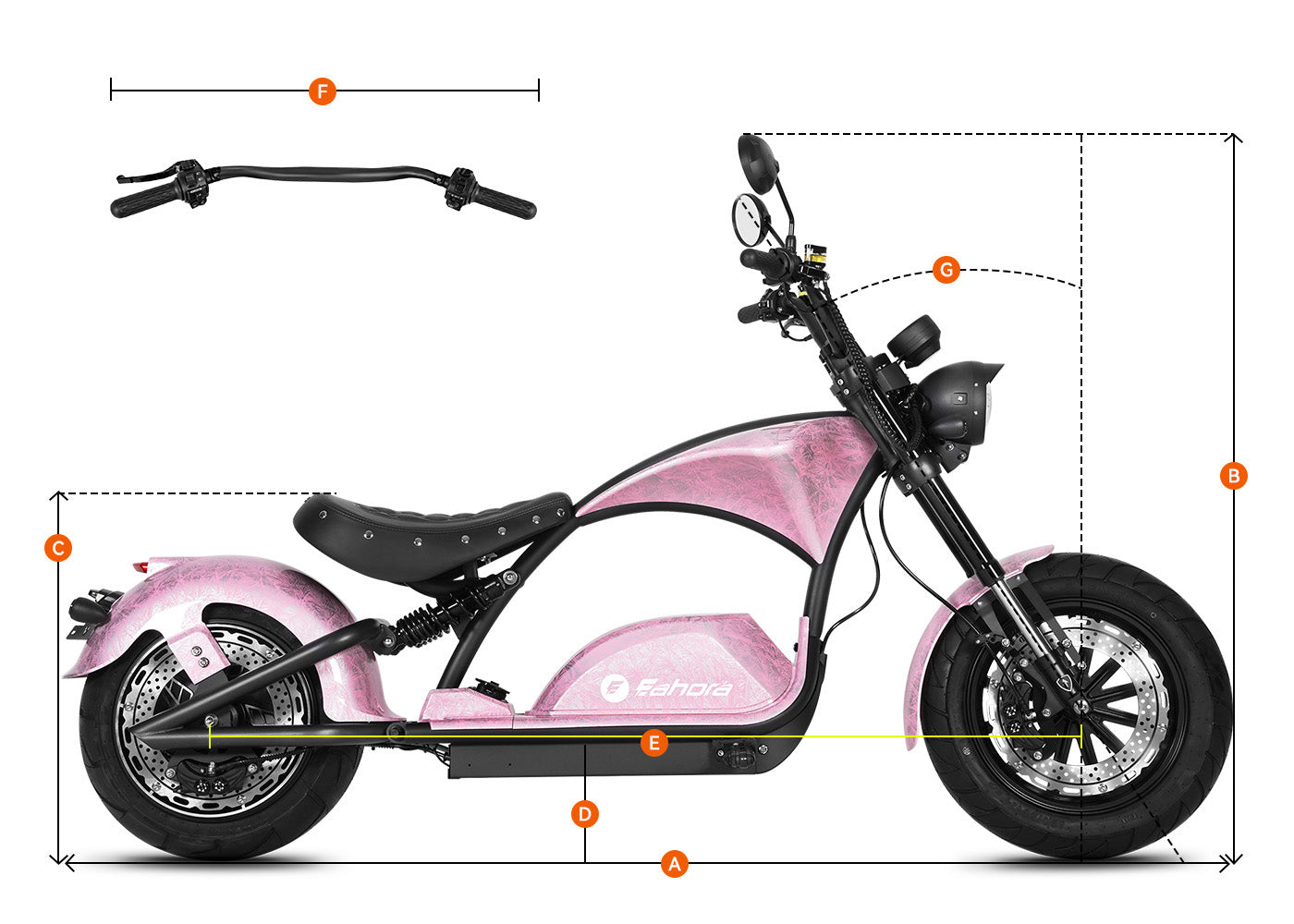 Side-view size chart for the Eahora chopper electric motorcycle, showing labeled specs for customer sizing.