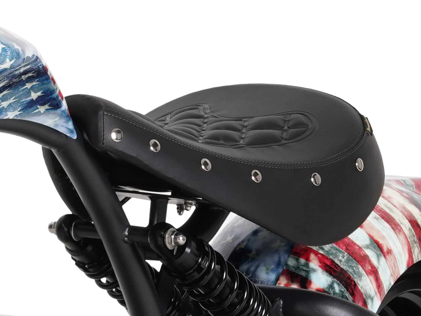 Side view of the spring-mounted seat with rivets on the Eahora M1PS Old Glory electric motorcycle