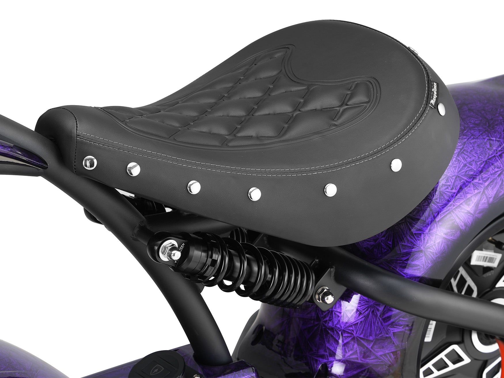 Detailed shot of the diamond-stitched black saddle on the Eahora M1PS chopper with midnight purple accents