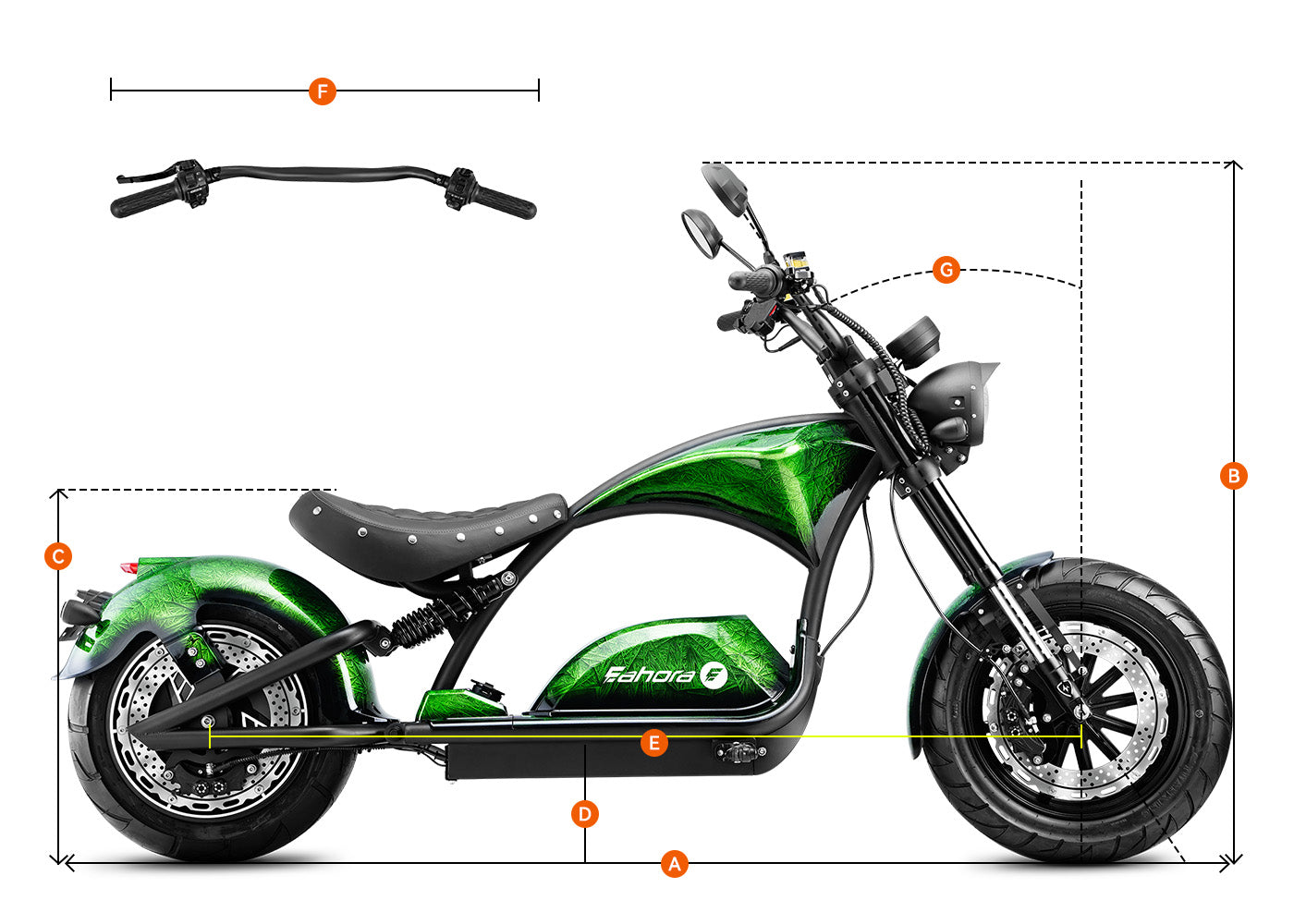 Visual guide to the dimensions of the Eahora Outlaw_Green chopper electric motorcycle, with clear markers for length and width.