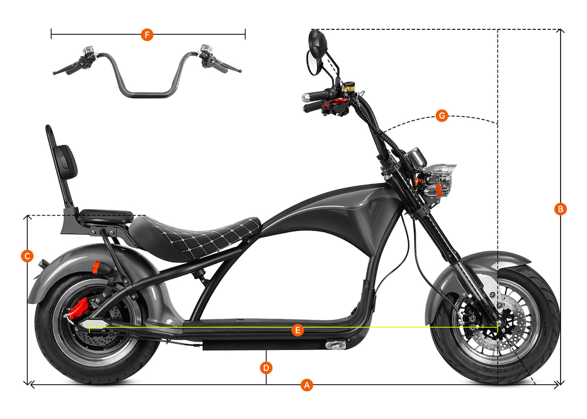 Eahora Emars M1P 2-Seat Black electric motorcycle dimension diagram with labeled size markers A‑F showing vehicle measurements
